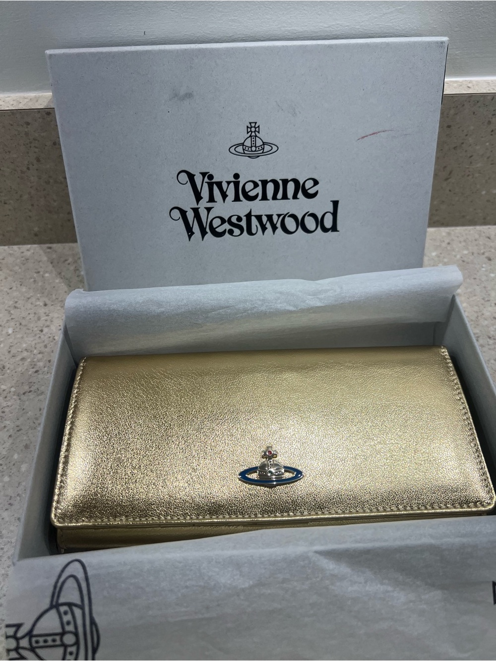 Vivienne Westwood Metallic Gold Leather Flap Wallet with Orb Emblem